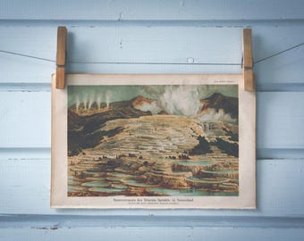 1890 Vintage Te Tarata White Terraces Chromolithograph Illustration