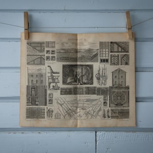 Può includere: Un'illustrazione vintage in bianco e nero di vari progetti e strutture architettoniche. L'illustrazione è stampata su un foglio di carta ed è appesa a un muro con due mollette di legno.