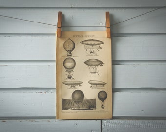 1887 Vintage Balloons & Dirigibles Lithograph Illustration