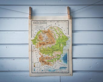1950 Vintage Romania & Bulgaria Map