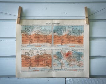 1907 Vintage World Temperature Map