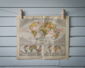1928 Vintage World Map of Vegetation & Ocean Currents
