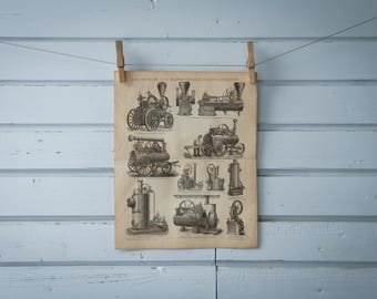1887 Vintage Steam Engines and Vehicles Lithograph Illustration