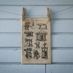 May include: A vintage illustration of various types of machinery, including a meat grinder, a washing machine, and a drill press. The illustration is printed on a sheet of paper and is hanging on a wall.
