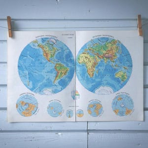 1970 Vintage World Hemispheres Map