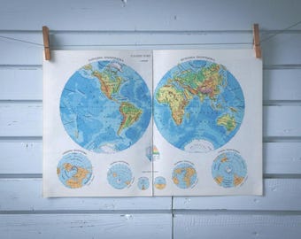 1970 Vintage World Hemispheres Map