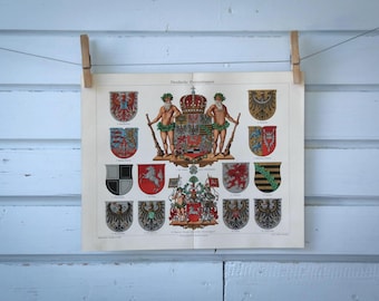 1907 Vintage Prussian Coats of Arms Chromolithograph Illustration