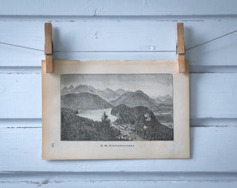 1892 Vintage Hohenschwangau Castle & Surroundings Lithograph Illustration