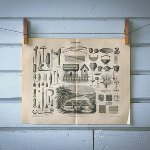 1897 Vintage Prehistoric Tools & Weapons Lithograph Illustration