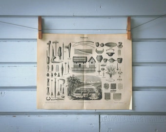 1897 Vintage Prehistoric Tools & Weapons Lithograph Illustration