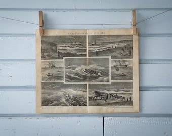 1887 Vintage Coastal Shipwreck Rescue Lithograph Illustration