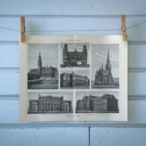1907 Vintage Hamburg Buildings Lithograph Illustration