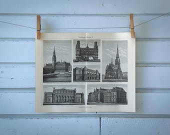 1907 Vintage Hamburg Buildings Lithograph Illustration