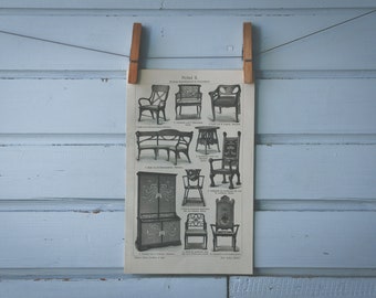 1907 Vintage Fin de Siècle German Furniture Lithograph Illustration