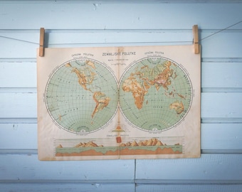 1912 Vintage World Hemispheres Map
