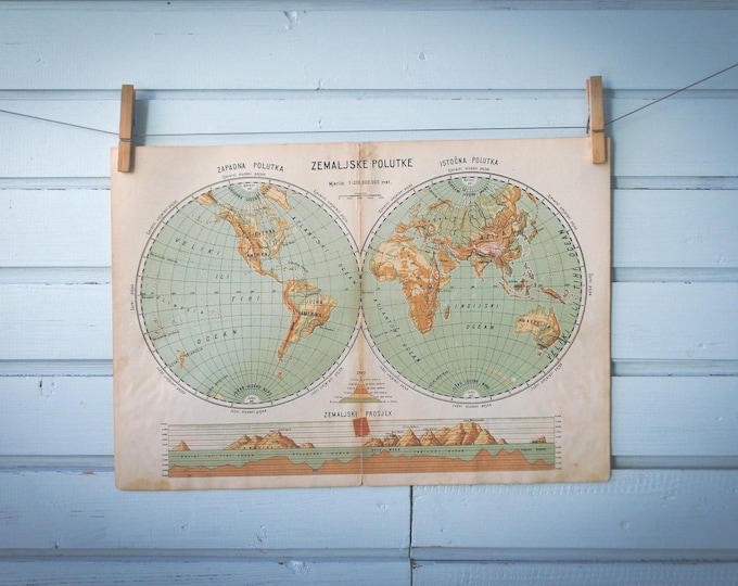 Featured listing image: 1912 Vintage World Hemispheres Map