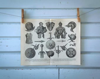 1907 Vintage Armors & Weapons Lithograph Illustration