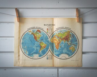 1950 Vintage World Hemispheres Map