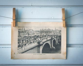 1890 Vintage London Bridge Lithograph Illustration