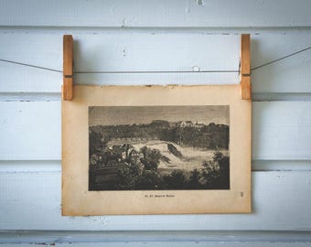 1890 Vintage Rhine Falls Lithograph Illustration