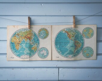 1956 Vintage World Hemispheres Map