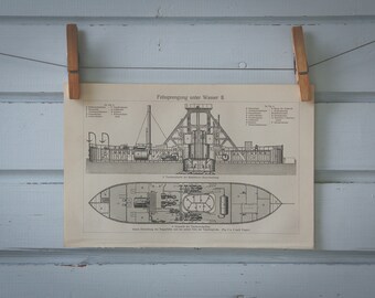 1907 Vintage Sand Mining Ship Lithograph Illustration