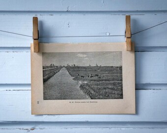 1890 Vintage Dutch Landscape Lithograph Illustration