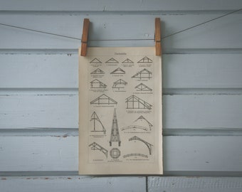 1907 Vintage Timber Roof Truss Lithograph Illustration
