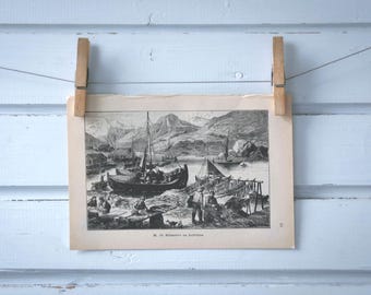 1892 Vintage Lofoten Archipelago Fishing Village Lithograph Illustration