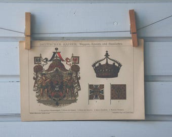 1894 Vintage German Emperors Emblems Chromolithograph Illustration