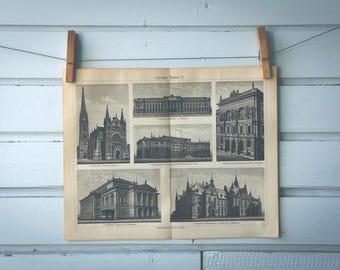 1909 Vintage Leipzig Buildings Lithograph Illustration