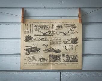 1887 Vintage Agriculture Tools & Machinery Lithograph Illustration