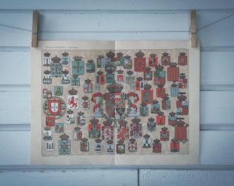 1928 Vintage Spanish & Portuguese Coats of Arms Chromolithograph Illustration