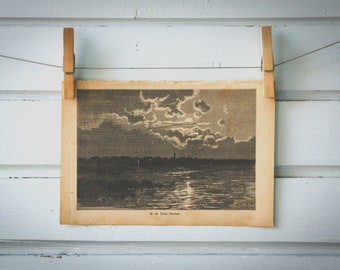 1888 Vintage Moonlight Lithograph Illustration