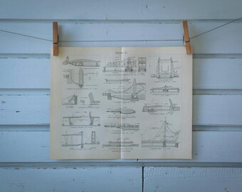 1907 Vintage Bridges Lithograph Illustration