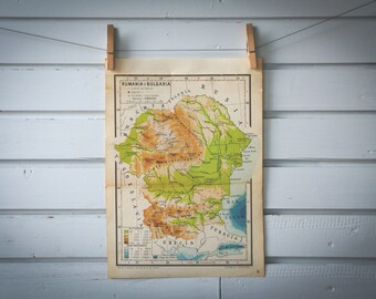 1950 Vintage Romania & Bulgaria Map
