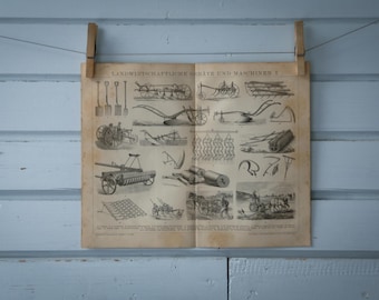 1887 Vintage Agriculture Tools & Machinery Lithograph Illustration