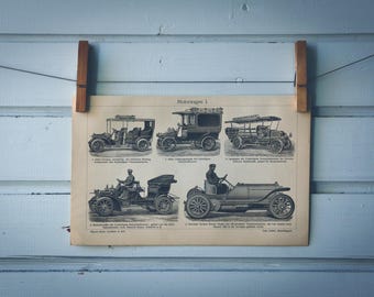 1909 Vintage Automobiles Lithograph Illustration
