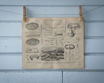1887 Vintage Prehistoric Tools & Weapons Lithograph Illustration