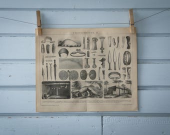 1887 Vintage Prehistoric Tools & Burials Lithograph Illustration