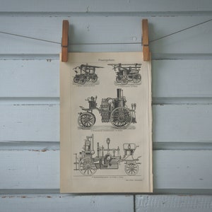 1907 Vintage Fire Engines Lithograph Illustration