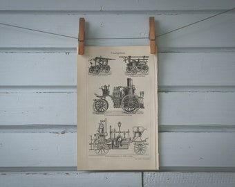 1907 Vintage Fire Engines Lithograph Illustration
