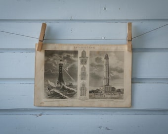 1887 Vintage Lighthouse Lithograph Illustration