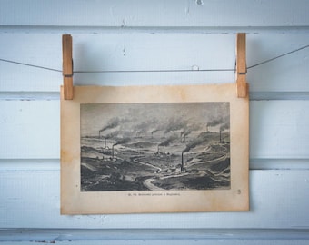 1890 Vintage English Coal Mining Landscape Lithograph Illustration