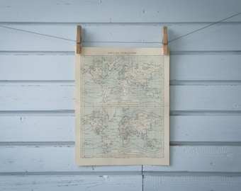 1907 Vintage Temperature Extremes World Map