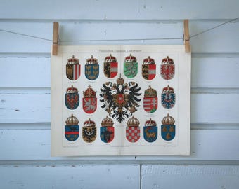 1907 Vintage Austro-Hungarian Coats of Arms Chromolithograph Illustration