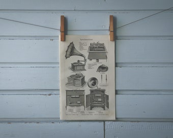1907 Vintage Phonograph Lithograph Illustration