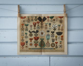 1887 Vintage Orders & Medals Chromolithograph Illustration