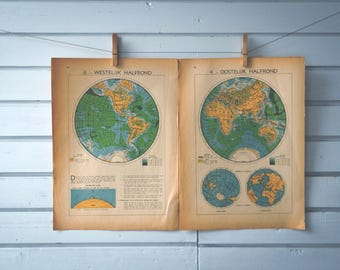 1941 Vintage World Hemispheres Map
