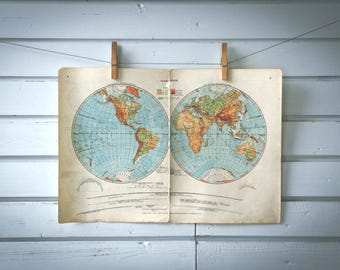 1943 Vintage World Hemispheres Map